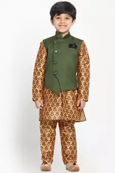 Yellow printed silk blend -kurta-pyjama