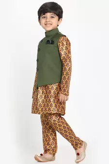 Yellow printed silk blend -kurta-pyjama
