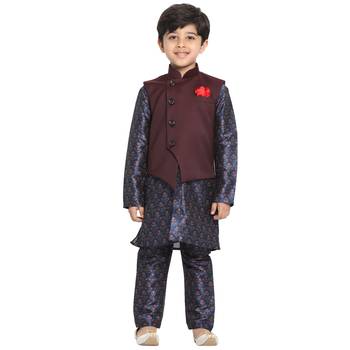  Multicolor-Base-Blue Silk Blend Jacket, Kurta And Pyjama Set 1