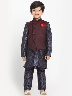  Multicolor-Base-Blue Silk Blend Jacket, Kurta And Pyjama Set 2