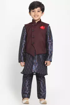  Multicolor-Base-Blue Silk Blend Jacket, Kurta And Pyjama Set