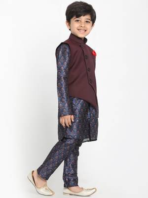  Multicolor-Base-Blue Silk Blend Jacket, Kurta And Pyjama Set 3