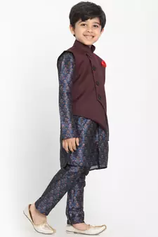  Multicolor-Base-Blue Silk Blend Jacket, Kurta And Pyjama Set