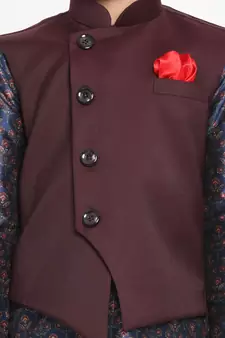  Multicolor-Base-Blue Silk Blend Jacket, Kurta And Pyjama Set