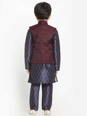  Multicolor-Base-Blue Silk Blend Jacket, Kurta And Pyjama Set 5