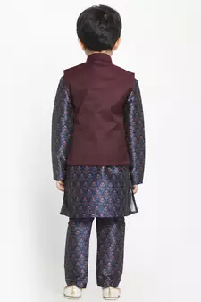  Multicolor-Base-Blue Silk Blend Jacket, Kurta And Pyjama Set