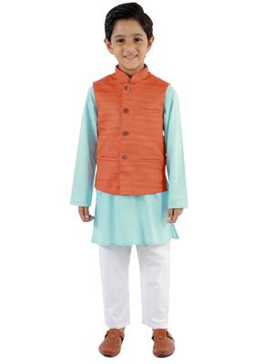  Orange, Aqua And White Jacket, Kurta And Pyjama Set 1