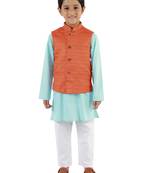  Orange, Aqua And White Jacket, Kurta And Pyjama Set