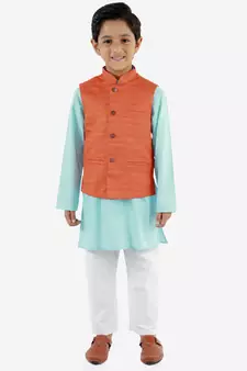  Orange, Aqua And White Jacket, Kurta And Pyjama Set