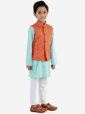  Orange, Aqua And White Jacket, Kurta And Pyjama Set 3