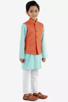  Orange, Aqua And White Jacket, Kurta And Pyjama Set