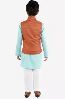  Orange, Aqua And White Jacket, Kurta And Pyjama Set