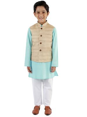 Boys' Beige, Aqua And White Jacket, Kurta And Pyjama Set 1