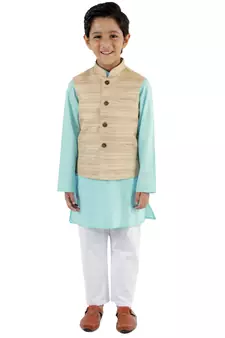 Boys' Beige, Aqua And White Jacket, Kurta And Pyjama Set