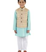 Boys' Beige, Aqua And White Jacket, Kurta And Pyjama Set