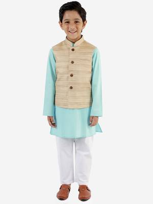 Boys' Beige, Aqua And White Jacket, Kurta And Pyjama Set 2
