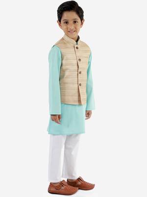 Boys' Beige, Aqua And White Jacket, Kurta And Pyjama Set 3