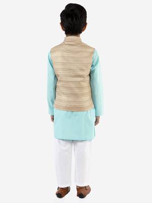 Boys' Beige, Aqua And White Jacket, Kurta And Pyjama Set 5