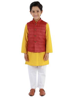  Maroon, Mustard And White Jacket, Kurta And Pyjama Set 1
