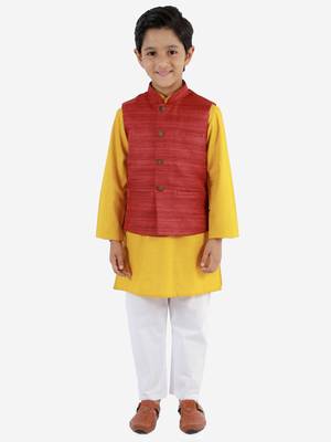  Maroon, Mustard And White Jacket, Kurta And Pyjama Set 2