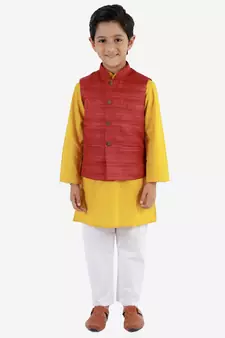  Maroon, Mustard And White Jacket, Kurta And Pyjama Set