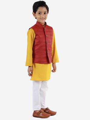  Maroon, Mustard And White Jacket, Kurta And Pyjama Set 3