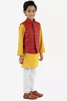  Maroon, Mustard And White Jacket, Kurta And Pyjama Set