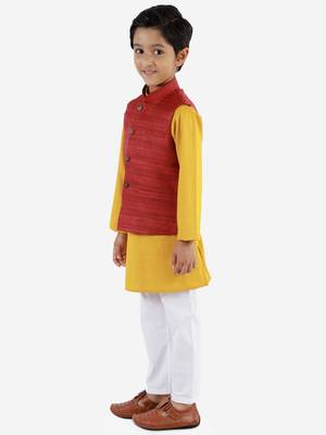  Maroon, Mustard And White Jacket, Kurta And Pyjama Set 5