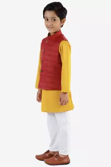  Maroon, Mustard And White Jacket, Kurta And Pyjama Set