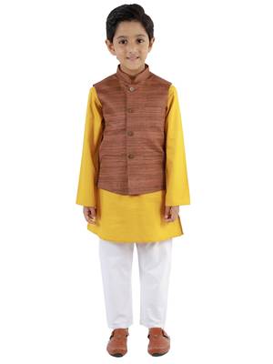  Coffee Brown, Mustard And White Jacket, Kurta And Pyjama Set 1
