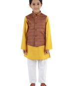  Coffee Brown, Mustard And White Jacket, Kurta And Pyjama Set