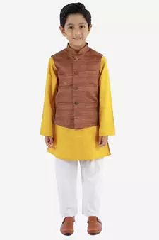  Coffee Brown, Mustard And White Jacket, Kurta And Pyjama Set