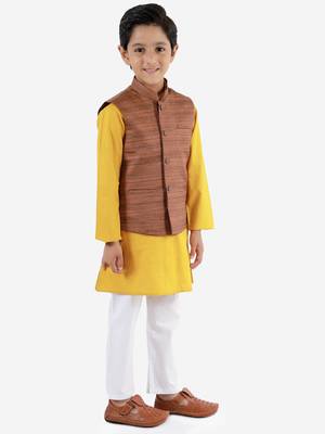  Coffee Brown, Mustard And White Jacket, Kurta And Pyjama Set 3