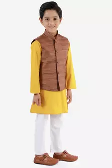  Coffee Brown, Mustard And White Jacket, Kurta And Pyjama Set