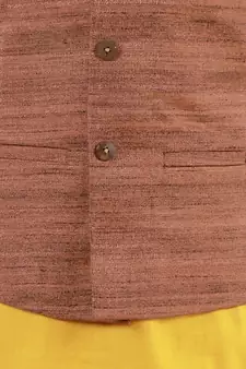 Coffee Brown, Mustard And White Jacket, Kurta And Pyjama Set