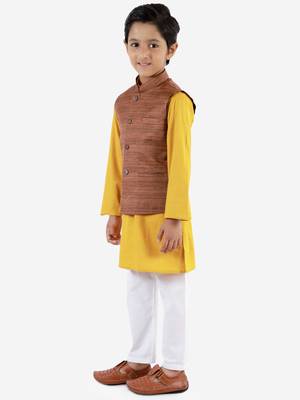  Coffee Brown, Mustard And White Jacket, Kurta And Pyjama Set 5