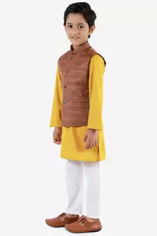  Coffee Brown, Mustard And White Jacket, Kurta And Pyjama Set