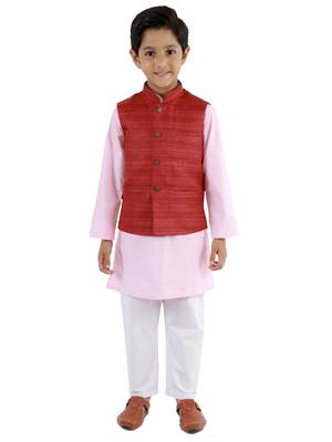  Maroon, Pink And White Jacket, Kurta And Pyjama Set 1