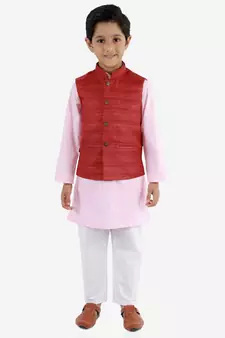  Maroon, Pink And White Jacket, Kurta And Pyjama Set