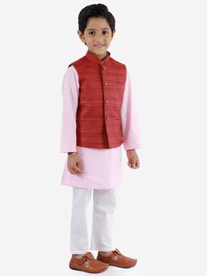  Maroon, Pink And White Jacket, Kurta And Pyjama Set 3