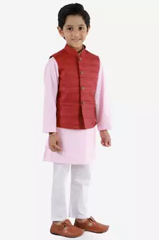  Maroon, Pink And White Jacket, Kurta And Pyjama Set