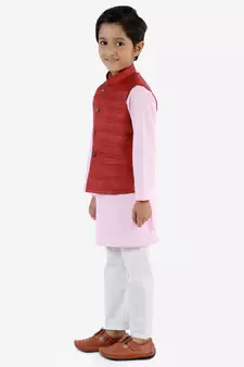  Maroon, Pink And White Jacket, Kurta And Pyjama Set