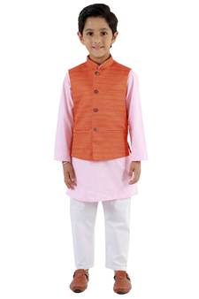 Boys' Orange, Pink And White Jacket, Kurta And Pyjama Set