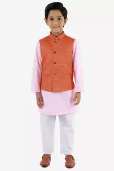  Orange, Pink And White Jacket, Kurta And Pyjama Set