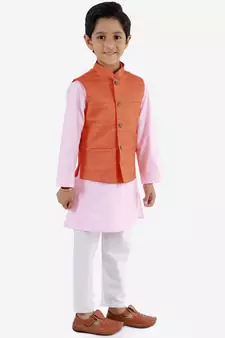  Orange, Pink And White Jacket, Kurta And Pyjama Set