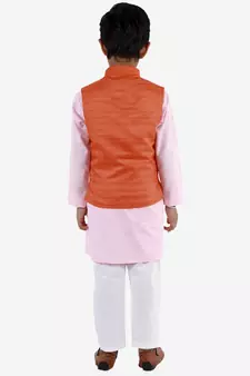  Orange, Pink And White Jacket, Kurta And Pyjama Set