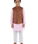  Coffee Brown, Pink And White Jacket, Kurta And Pyjama Set