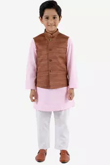  Coffee Brown, Pink And White Jacket, Kurta And Pyjama Set