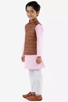  Coffee Brown, Pink And White Jacket, Kurta And Pyjama Set
