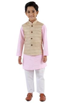 Boys' Beige, Pink And White Jacket, Kurta And Pyjama Set